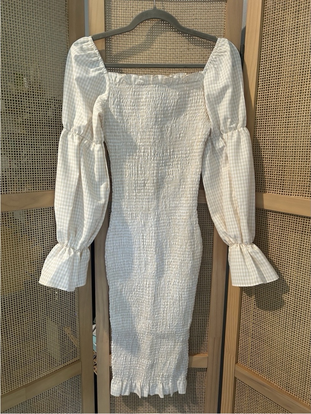 SNDYS Sundays the Label Cream Gingham Smocked Midi Dress XS NWT